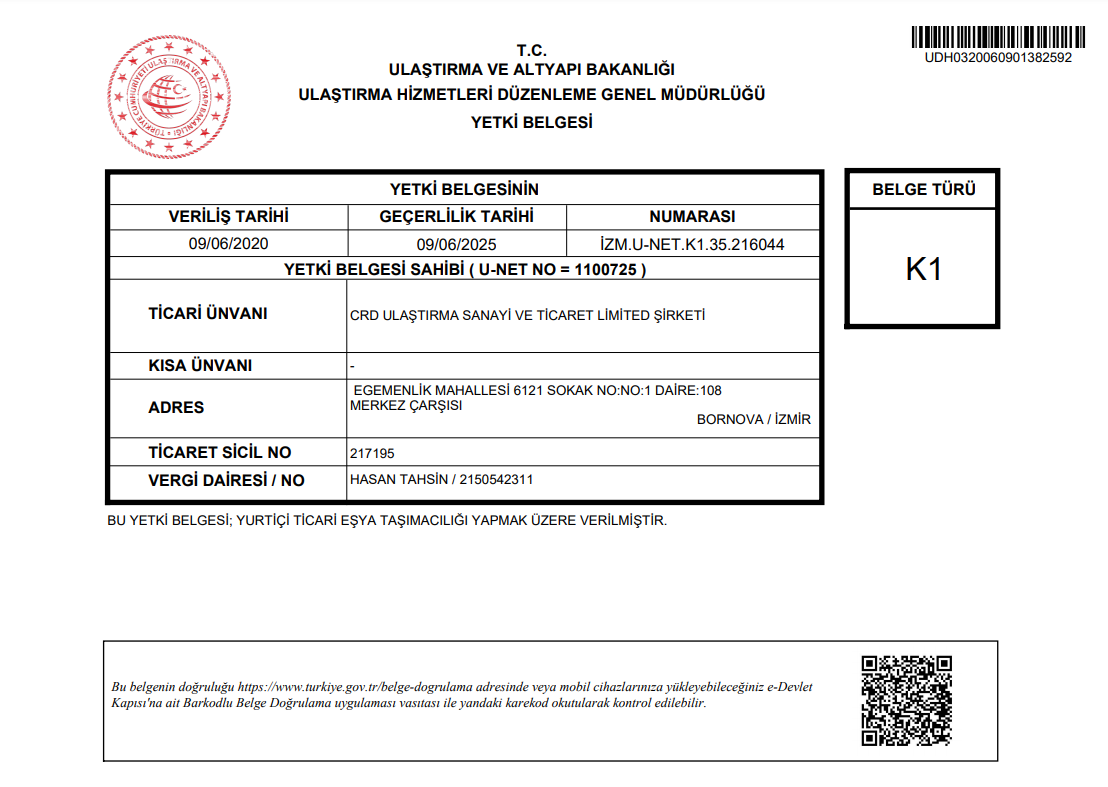 CRD Ulaştırma Yetki Belgesi